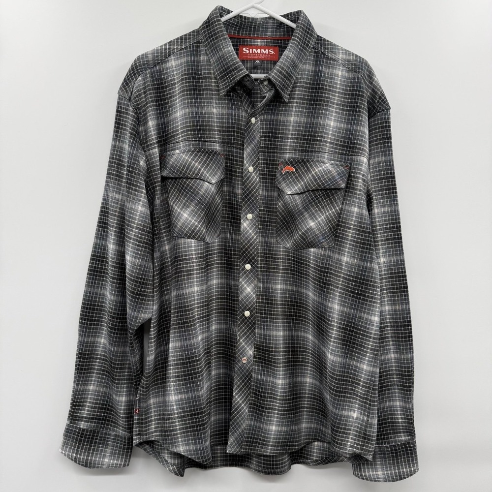 Simms Fishing Pearl Snap Shirt Mens XL Gray Plaid Flannel Stretch Casual Camping